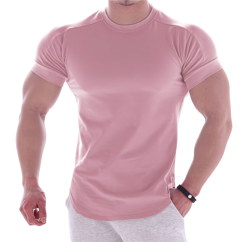 Sports elastic quick-drying men's pink round neck t-shirt for exercise and leisure, perfect for running and bodybuilding.